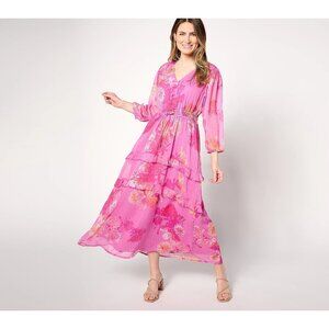 Destination 365 Maxi Dress Size Large Petite Floral Clip Dot Chiffon Pink Fairy